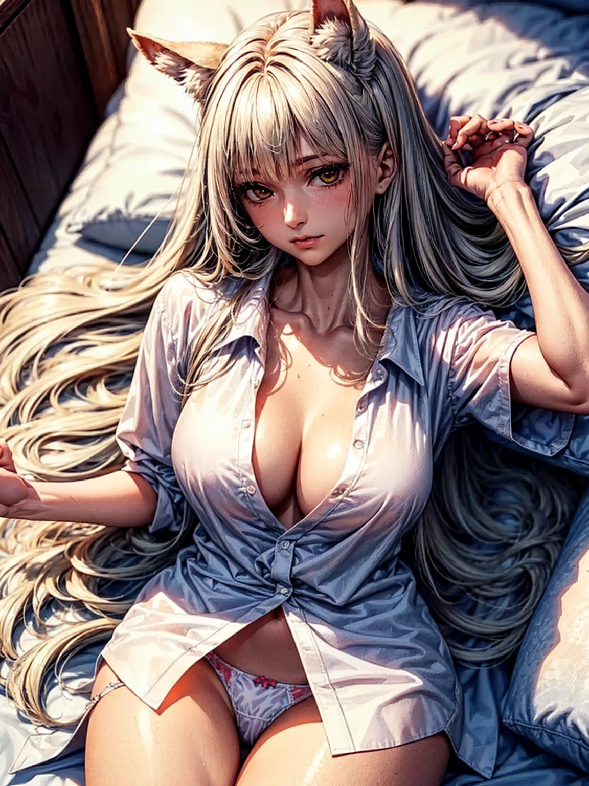 (top quality、masterpiece、very high resolution、Ultra high quality、High quality pixels)、perfect eyes, perfect face, alone，8k, large breasts，(Detailed description of hair), (Detailed description of face),(detailed description of body), Fair and translucent skin, gorgeous, long legs, facing the audience, Professional photography lighting，(Detailed yellow eyeball: 1.2), white hair, Girlfriend style, gentle expression, cowboy shot, (white oversized formal shirt: 1.2), model posture, pantless, (long shirt covering underwear:1.3), girlfriend ssmile, Sit, bed, horse ear, long straight bangs, long straight hair, lying down on the bed, proper hand shape