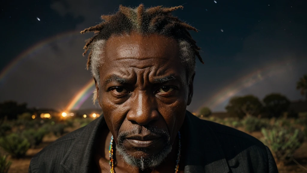 an elderly, african sage under a night sky, his face highlighted with translucent rainbow hues, telling stories of the past and future, intertwining fate with diversity, handsome face, ultra high definition, super detail, fierce, aggressive, authoritative aura, very angry face, mad, intense focus, looking straight at the camera