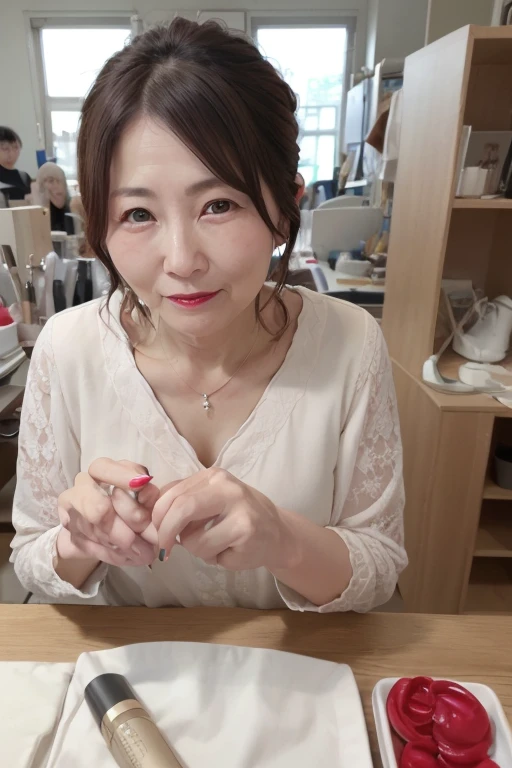 8k, 55 year old mature Japanese woman, Beautiful mature woman, Long eyelashes, Low Ponytail, Red lipstick, Pearl Necklace, Face Enhancement, Wink, Open your mouth