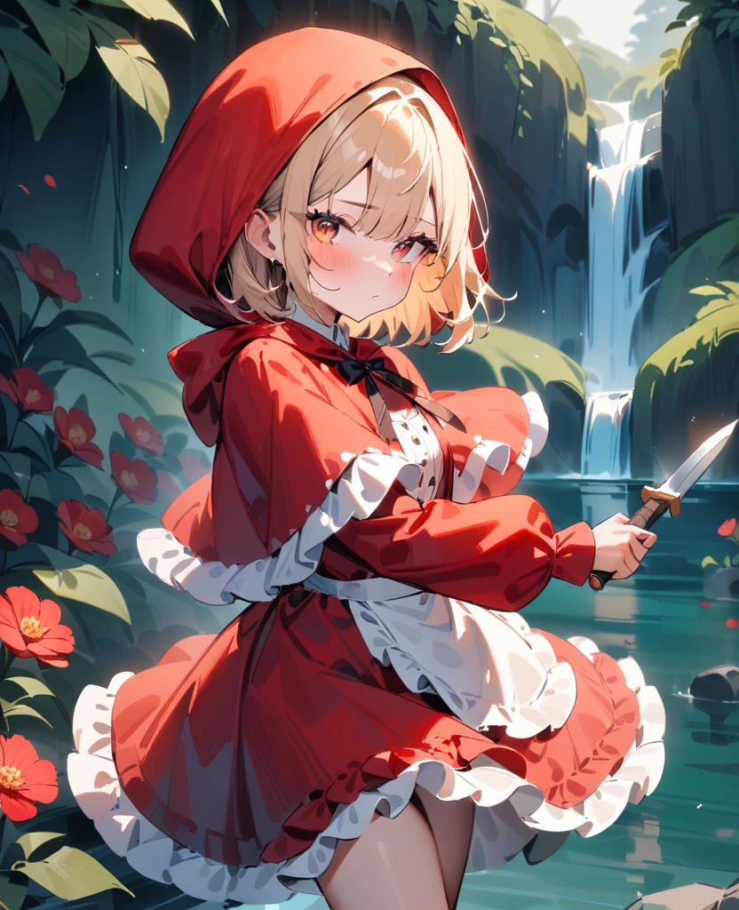 masterpiece, best quality, very aesthetic, absurdres, newest, 1girl, solo, looking at viewer, blush, short hair, bangs, blonde hair, red eyes, long sleeves, dress, holding, standing, closed mouth, weapon, flower, outdoors, frills, hood, water, holding weapon, apron, orange eyes, capelet, red skirt, red dress, frilled dress, knife, plant, red flower, hood up, multicolored eyes, holding knife, red capelet, little red riding hood \(grimm\)