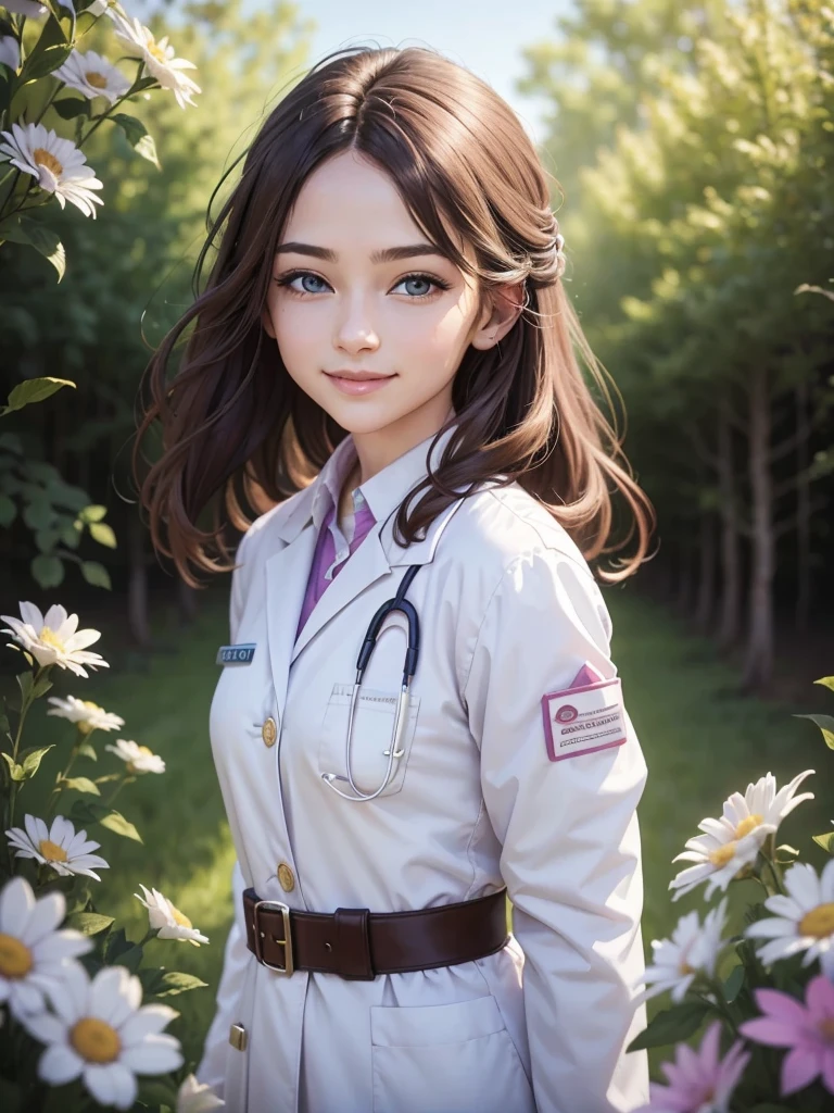beautiful humanization of medicine, noble young smiling woman in a white medical coat, brown hair, huge light blue eyes full of kindness and happiness, blooming flowers, colors of shadows and light, color scheme, expressive careful detailed drawing, super detailed, delicate natural shades, shine, natural surroundings, beauty, good angle, double exposure, depth, sharpness, captivating haze