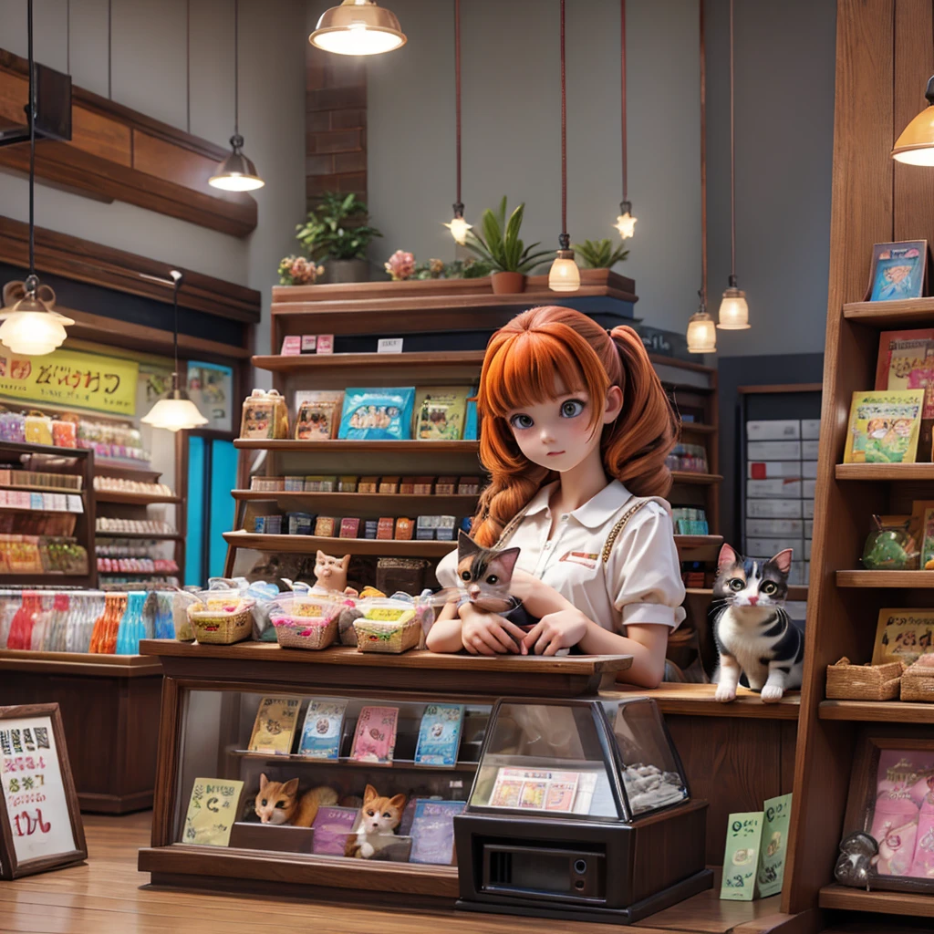 Inside the pet shop、A girl holding a calico kitten、Stand near the cash register