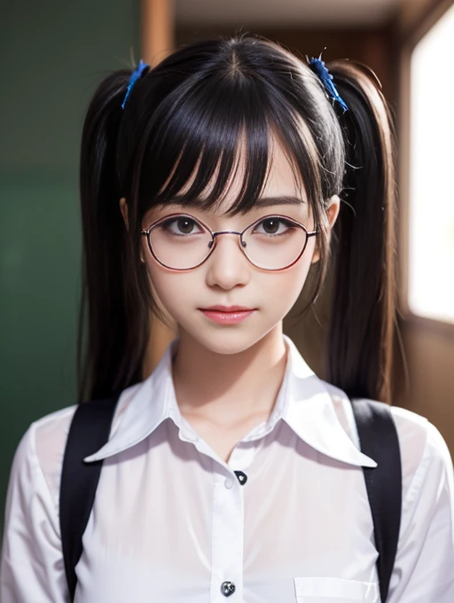 (1girl:1.3), Masterpiece, Best quality, amazing beauty, 4K, absurdres, finely detail, super detailed eye, perfect anatomy, official art, cinematic lighting, BREAK, room, silky twin tails, blunt bangs, black hair, super shiny detailed red eyes, Staring Intently, closed-mouth smile, eyewear, bashful, BREAK , usually, medium, tanlines, Are standing, full body, from front, Bold composition, spoken heart, BREAK , (school uniform:1.2), BREAK,()