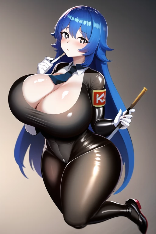 (best quality:1.1),(masterpiece:1.4),(absurdres:1.0), 1girl, blue hair, long hair, black eyes, unusual pupils, black latex bodysuit, necktie, nonvisible cleavage, full body view, big breasts, huge ass, containment unit, facility, pure white skin, :< face, bright eyes, (chibi:1.3), holding a riot stick