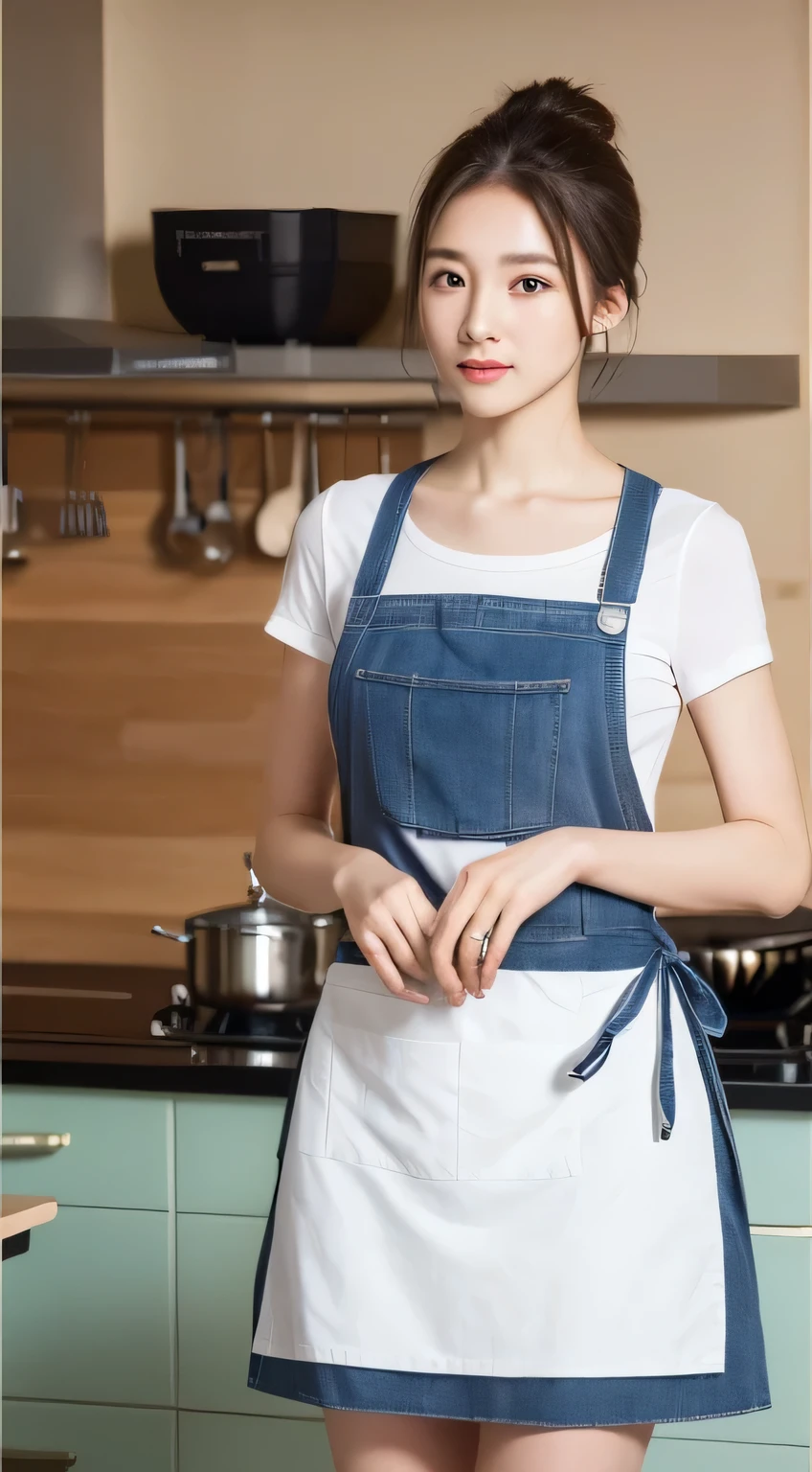 ((Highest quality, 8k, masterpiece: 1.3)), 1 Girl, The beauty of slim abs: 1.3, (Hairstyle Casual, big: 1.2), dress: 1.1, Super Slender Face, Delicate eyes, double eyelid, kitchen, apron, sexy