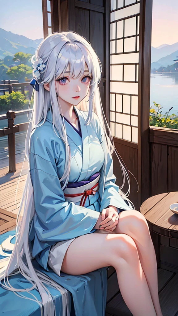 High quality, Japanese girl, long white hair, side bangs, violet eyes, beautiful, wide-eyed and beautiful, white skin, wearing a light blue kimono, dark blue haori, sitting near the open shoji door with a beautiful view, early morning, morning sun, calming atmosphere.