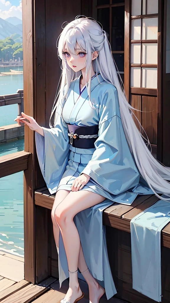 High quality, Japanese girl, long white hair, side bangs, violet eyes, beautiful, wide-eyed and beautiful, white skin, wearing a light blue kimono, dark blue haori, sitting near the open shoji door with a beautiful view, early morning, morning sun, calming atmosphere.