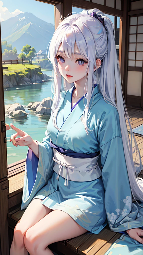 High quality, Japanese girl, long white hair, side bangs, violet eyes, beautiful, wide-eyed and beautiful, white skin, wearing a light blue kimono, dark blue haori, sitting near the open shoji door with a beautiful view, early morning, morning sun, calming atmosphere.