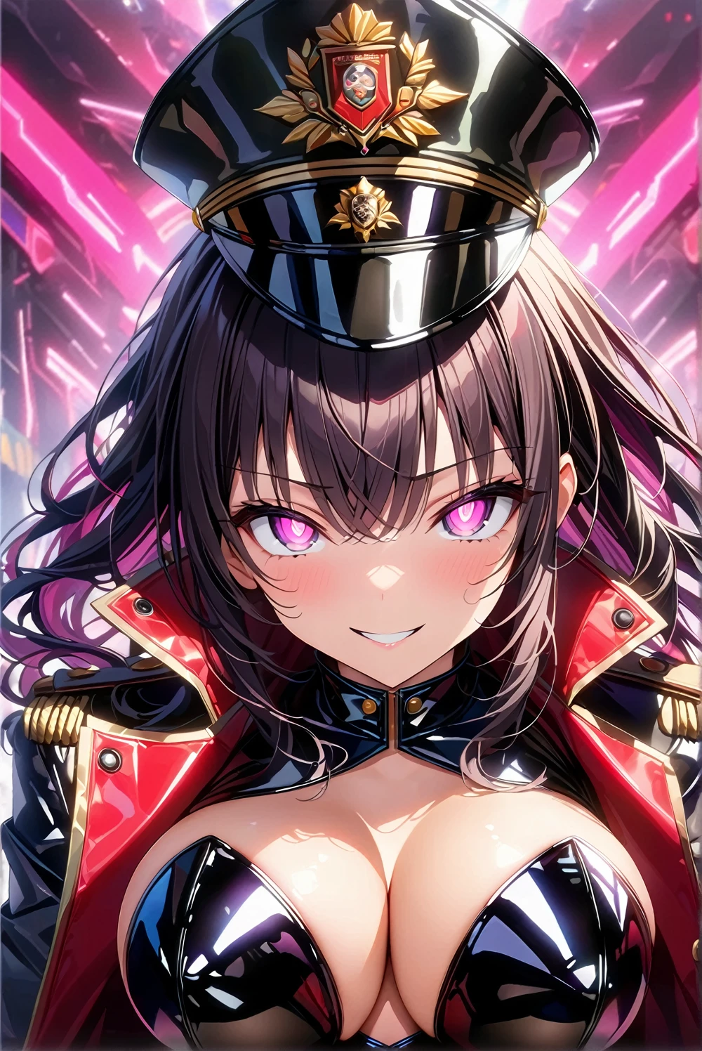masterpiece, best quality, 1girl,black drill hair,glowing eyes, (finely detailed empty pupils and detailed face),,bust shot,,extremely detailed picture unity 8k wallpaper,solo,(latex military costume:0.9),glamour body,seductive smile,military hat,latex thighhigh,large breasts,black hair,pink eyes,black leotard,pantyhose,military coat,enamel suits