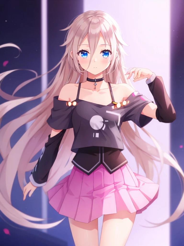 one girl, IA, vocaloid, skirt, black shirt, off shoulder, choker, beautiful, naive, upperbody