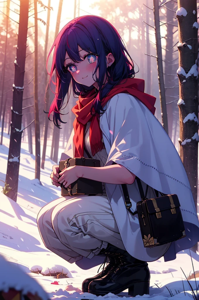 aihoshino, ai hoshino, Long Hair, bangs, (Purple eyes:1.1), Purple Hair, (Symbol-shaped pupil:1.5), smile,,smile,blush,White Breath,
Open your mouth,snow,Ground bonfire, Outdoor, boots, snowing, From the side, wood, suitcase, Cape, Blurred, , forest, White handbag, nature, Squat, Mouth closed, Cape, winter, Written boundary depth, Black shoes, red Cape break looking at viewer, Upper Body, whole body, break Outdoor, forest, nature, break (masterpiece:1.2), Highest quality, High resolution, unity 8k wallpaper, (shape:0.8), (Beautiful and beautiful eyes:1.6), Highly detailed face, Perfect lighting, Extremely detailed CG, (Perfect hands, Perfect Anatomy),
