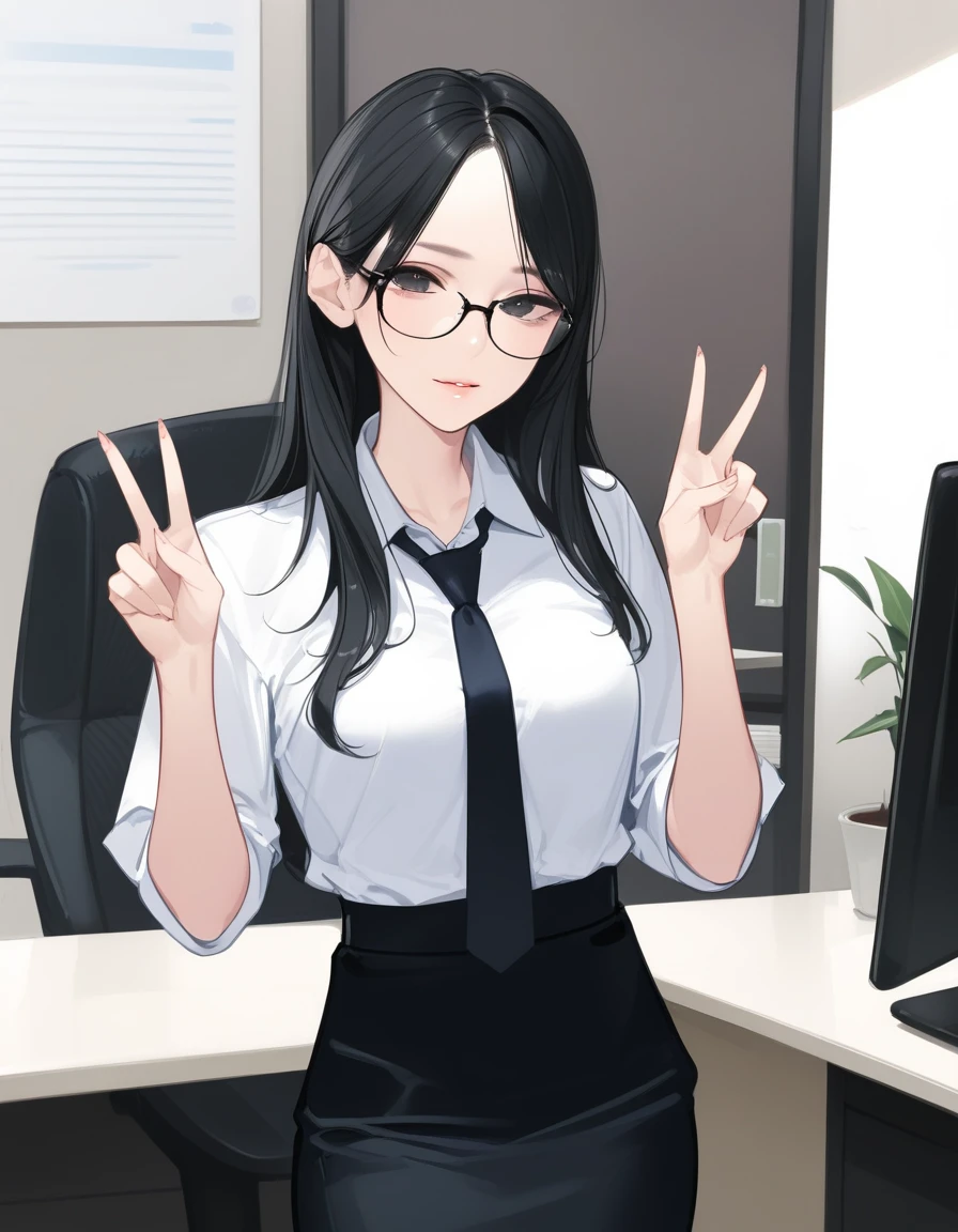 score_9,score_8_up,score_7_up,score_6_up,score_5_up, ,, hd5,ama_mitsuki,1girl,office lady, double v, long hair,black hair,black eyes,glasses,skinny