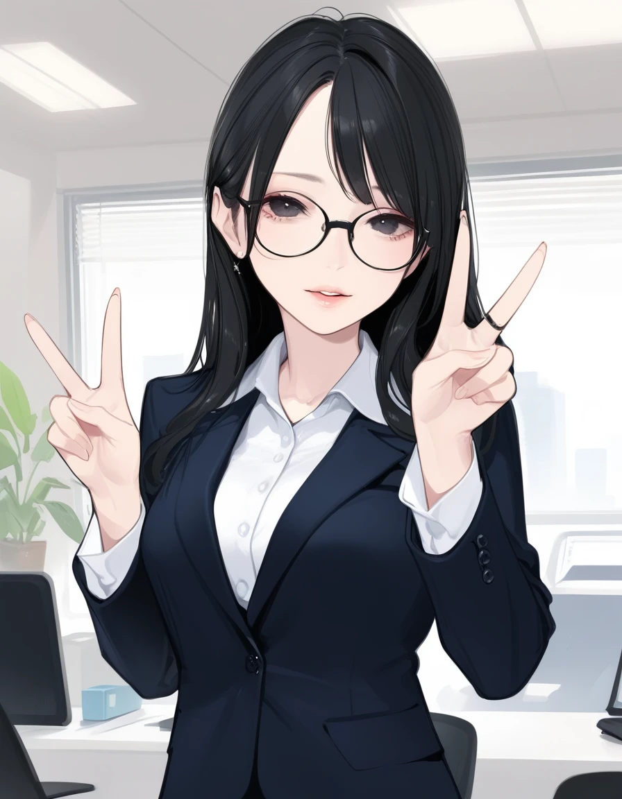 score_9,score_8_up,score_7_up,score_6_up,score_5_up, ,, hd5,ama_mitsuki,1girl,office lady, double v, long hair,black hair,black eyes,glasses,skinny