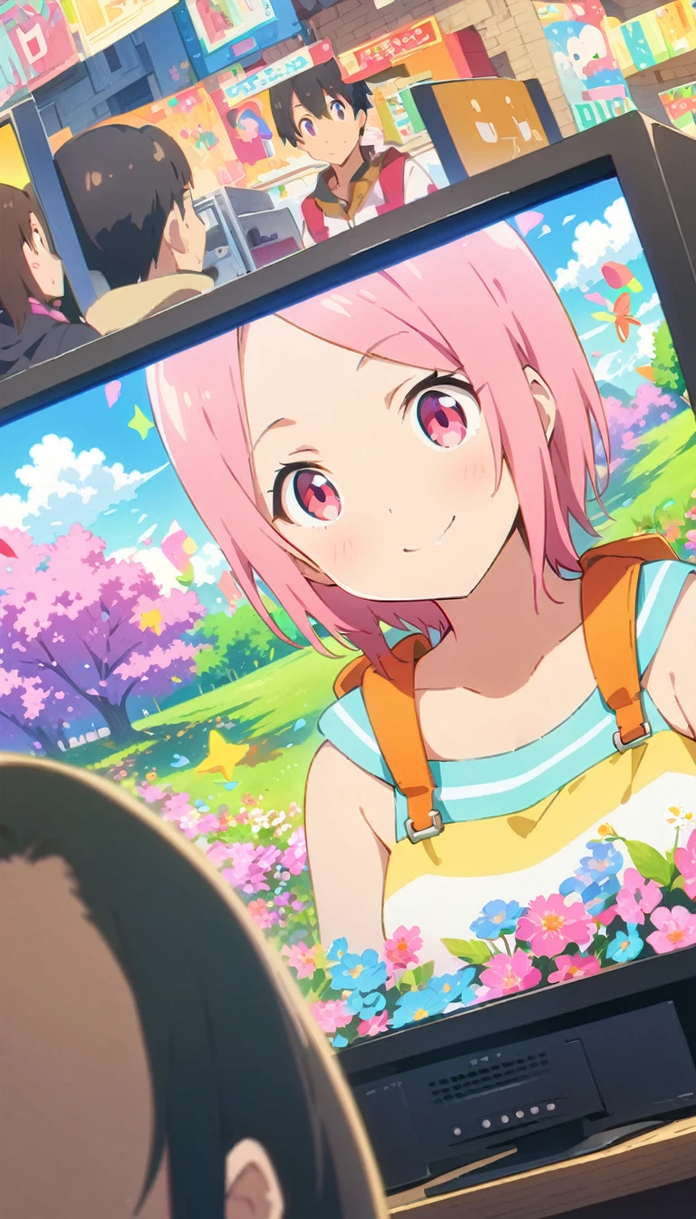 anime style, Ultra-fine illustrations, highly detailed, Dynamic Angle, beautiful detailed, 8k, In front of many CRT TVs, break various programs are being broadcasted. A woman stares at them, break smiling amidst the colorful scenes.(Highest quality、masterpiece、High resolution、detailed)animeスタイル、Flat Style、(Shining Eyes、detailed美しい顔), break,Dynamic Angle、anime
