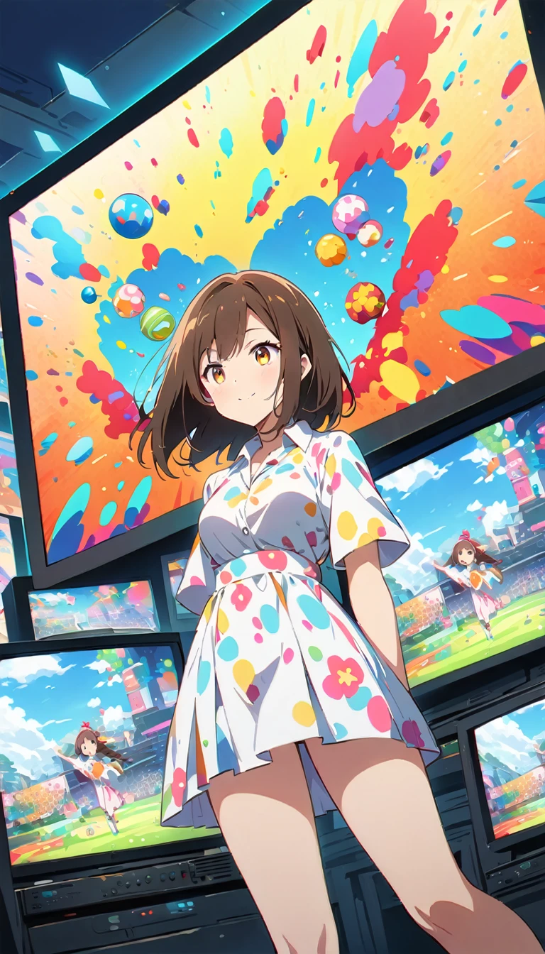 anime style, Ultra-fine illustrations, highly detailed, Dynamic Angle, beautiful detailed, 8k, In front of many CRT TVs, break various programs are being broadcasted. A woman stares at them, break smiling amidst the colorful scenes.(Highest quality、masterpiece、High resolution、detailed)animeスタイル、Flat Style、(Shining Eyes、detailed美しい顔),  break,Dynamic Angle、anime