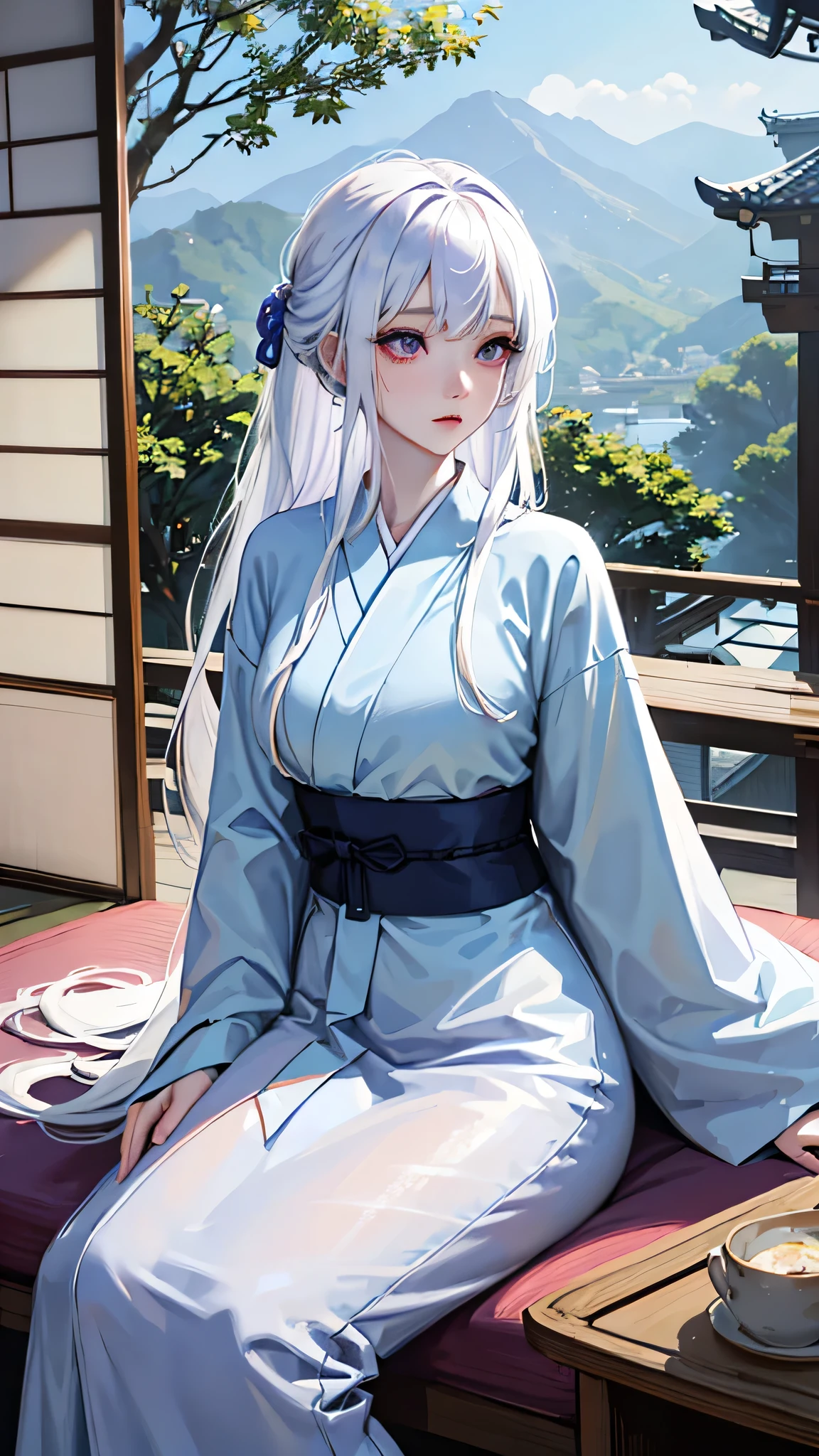 High quality, Japanese girl, long white hair, side bangs, violet eyes, beautiful, wide-eyed and beautiful, white skin, wearing a light blue kimono, dark blue haori, sitting near the open shoji door with a beautiful view, early morning, morning sun, calming atmosphere.