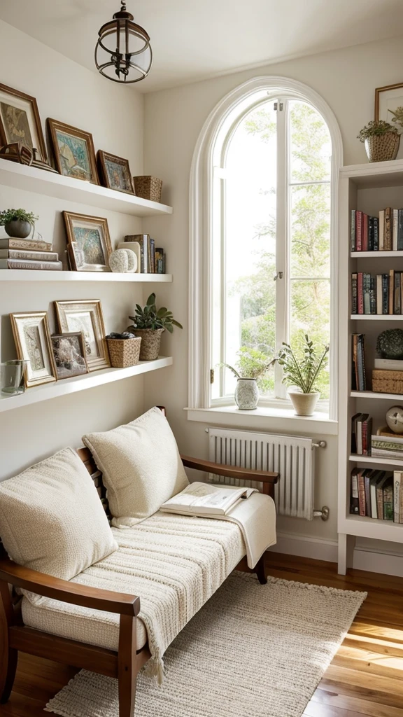 Imagine a serene reading nook nestled in a cozy corner of a bright, airy room. The space is bathed in natural light streaming through a large, arched window that offers a picturesque view of the lush greenery outside. The walls and built-in shelves are painted a soft white, creating a clean and calming atmosphere. A comfortable, cushioned bench seat, adorned with an assortment of patterned throw pillows, invites you to relax and lose yourself in a good book. The shelves are thoughtfully arranged with a mix of decorative plates and books, adding a touch of charm and character to the space. A small wall-mounted lamp provides additional light for those late-night reading sessions. This inviting alcove is the perfect blend of comfort and elegance, making it an ideal spot to unwind and escape into your favorite stories.