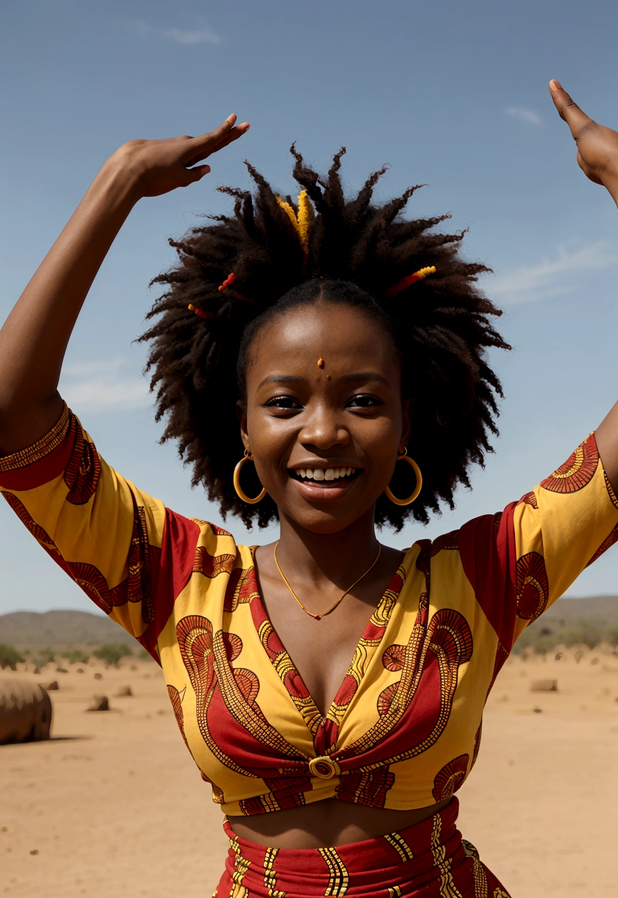 The image must show an African person living life to the fullest. The person's expression must be one of joy and freedom. Include visual elements that represent overcoming fear, such as the open sky, wide landscapes. Use a vibrant color palette that evokes excitement and freedom.