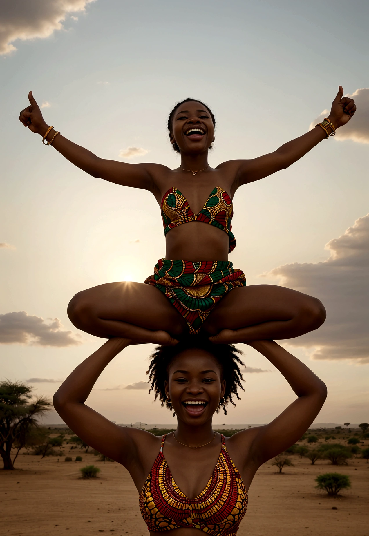 The image must show an African person living life to the fullest. The person's expression must be one of joy and freedom. Include visual elements that represent overcoming fear, such as the open sky, wide landscapes. Use a vibrant color palette that evokes excitement and freedom.