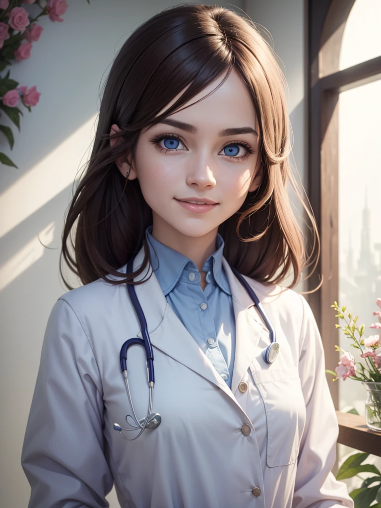 beautiful humanization of medicine, noble young smiling woman in a white medical coat, brown hair, huge light blue eyes full of kindness and happiness, blooming flowers, colors of shadows and light, color scheme, expressive careful detailed drawing, super detailed, delicate natural shades, shine, natural surroundings, beauty, good angle, double exposure, depth, sharpness, captivating haze