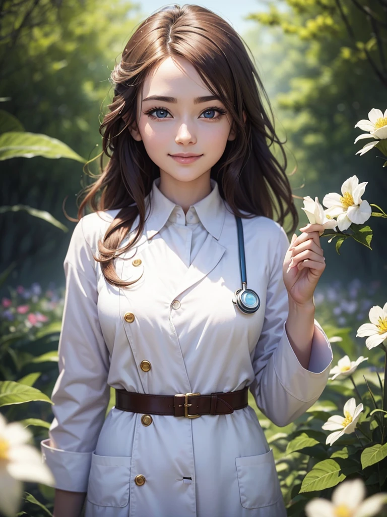beautiful humanization of medicine, noble young smiling woman in a white medical coat, brown hair, huge light blue eyes full of kindness and happiness, blooming flowers, colors of shadows and light, color scheme, expressive careful detailed drawing, super detailed, delicate natural shades, shine, natural surroundings, beauty, good angle, double exposure, depth, sharpness, captivating haze