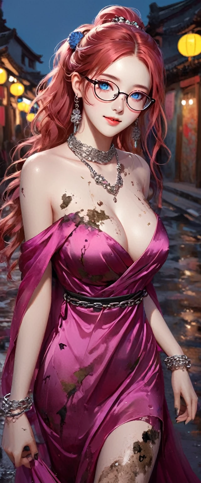 beautiful young woman, ig model, render of april, (wide angle, all body shot, standing:1.6), (masterpiece, professional lighting, 16k, 8k wallpaper, raw photo, photorealistic: 1.8, ultra-detailed, natural soft lighting, detailed skin, detailed face, detailed eyes, textured skin),(ultra realistic).
BREAK
Photo, top quality, (Ultra detailed face and eyes: 1.0) ,(large breast: 1.3), (25 year old woman).
Beautiful girl with blue eyes, wearing small round glasses,(with glasses fine round),
CHEVEUX
Her hair of Spanish purple color, a woman with hair adorned with colorful reflections, Beautiful redhead with blue eyes, ponytail, beautiful, sexy , smiling,Curly hair falling on the shoulders,a necklace, glamour accessories.
MAQUIAGE
zombie girl, whole body, extremely rotten skin, skin fragments with yellow and scattered hair, empty eyes, terrifying facial expression, torn hanfu, tattered hanfu, night, desolate chinese street,
PAUSE
(Full body shot), ((Bright pink silk dress:1. 3)), ((Tight fit)), ((Lace dress)), (Viewer view:1.3)
ACCESSOIRE
Accessorize subtly with silver chain bracelets and hoop earrings for an elegant touch.
Complete the look with black patent leather flat shoes featuring transparent PVC panels for graceful footwear.