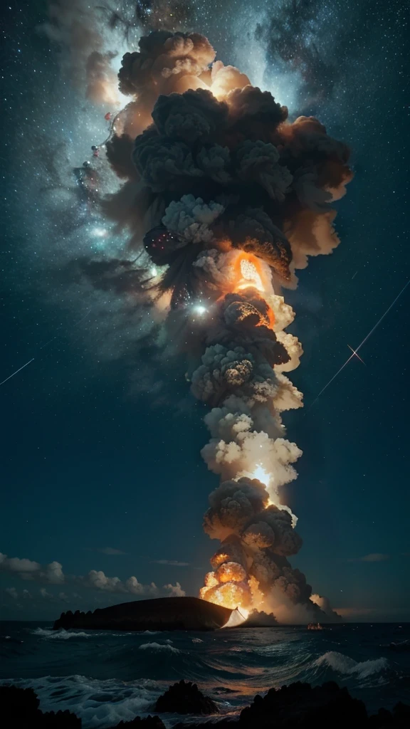 a large cloud of smoke rising from the ocean into the sky, missiles explosions in the sky, durante uma tempestade de meteoros, amazing volcanic eruption, explosion in the background, nuvens espaciais, fire from heaven, galaxy exploding, volcanic eruption, explosions and smoke, fire and smoke columns, meteors are falling from the sky, epic stunning atmosphere, night sky; 8K