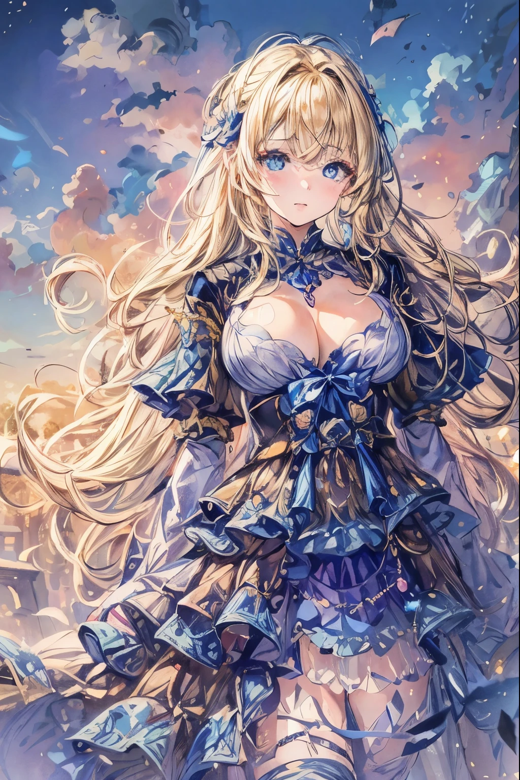 (32k), 1 girl, kawaii, blonde hair, long hair, (blue eyes), wide open eyes, eyelash, large breasts, tareme, (half closed eyes:0.7), muste piece, best quality, Super detailed, masterpiece,