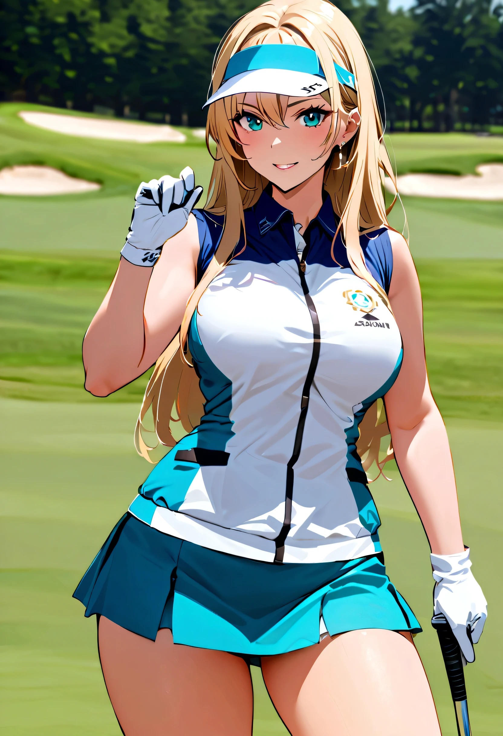 sound　high resolution　8k beauty　Woman playing golf　Golf course　Beautiful woman　Blonde　aggressive　Winning spirit　Namaiki　Golf Wear　mini skirt　smile　　looking at the camera　nice shot　No sleeve　Sun visor　long hair　Professional Golfer　30 years old　Middle age