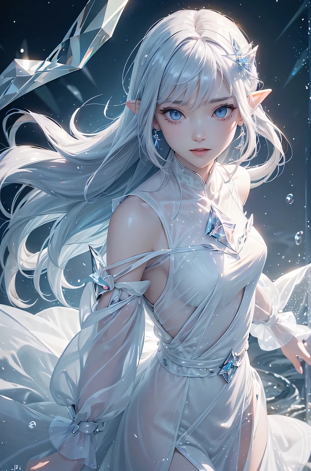 (masterpiece、Highest quality、Highest、Official Art、Beautiful and aesthetic、Long Exposure:1.2)、Smooth movement、Attractive patterns、One Girl、(Long dress with sleeves:1.3)、(((White clothes)))、Upper body close-up、Exposing shoulders、Korean Girls、smile、Light purple long hair、Portraiture、solo、Upper body、Looking at the observer、Detailed Background、Detailed face、(Crystallized AI、Crystal Theme:1.1)、Elemental Wind Elf、Rotating Wind、 Wind、White crystal clothes、Dynamic pose、Suspended particles、Aether Dynamics、Wind、vapor、背景にWind、White Tone、Wind、Ethereal atmosphere、