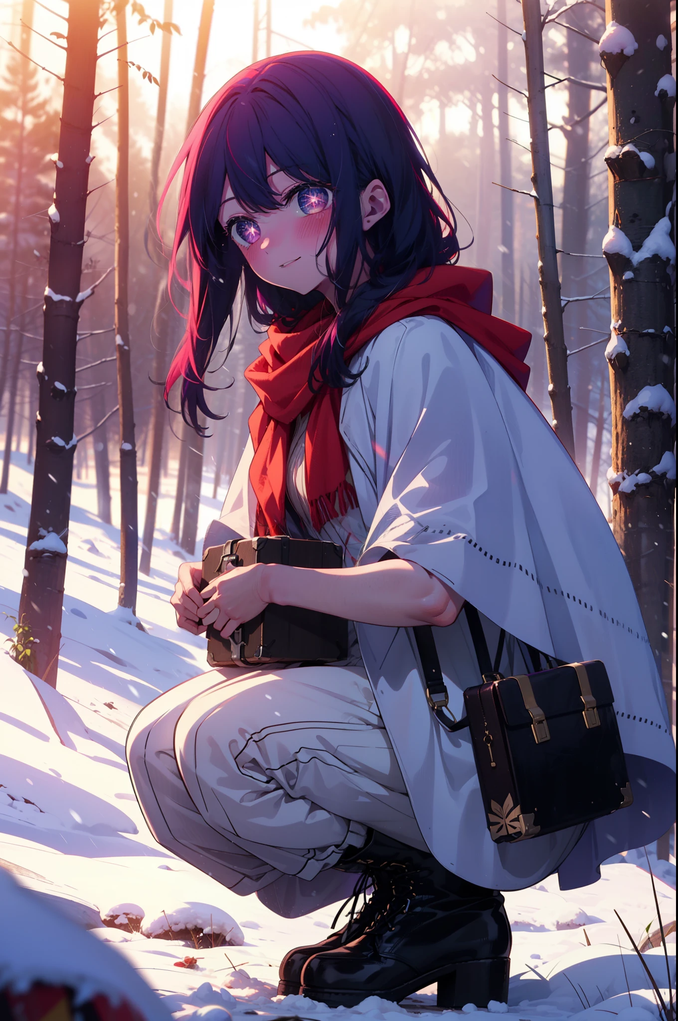 aihoshino, ai hoshino, Long Hair, bangs, (Purple eyes:1.1), Purple Hair, (Symbol-shaped pupil:1.5), smile,,smile,blush,White Breath,
Open your mouth,snow,Ground bonfire, Outdoor, boots, snowing, From the side, wood, suitcase, Cape, Blurred, , forest, White handbag, nature,  Squat, Mouth closed, Cape, winter, Written boundary depth, Black shoes, red Cape break looking at viewer, Upper Body, whole body, break Outdoor, forest, nature, break (masterpiece:1.2), Highest quality, High resolution, unity 8k wallpaper, (shape:0.8), (Beautiful and beautiful eyes:1.6), Highly detailed face, Perfect lighting, Extremely detailed CG, (Perfect hands, Perfect Anatomy),