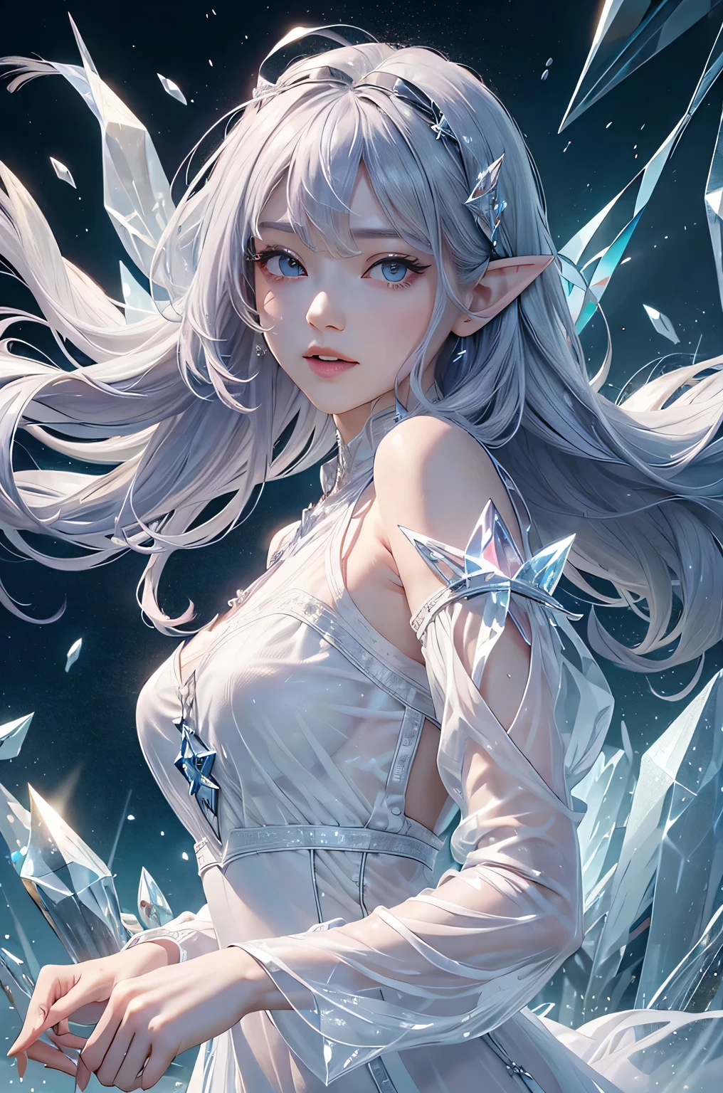 (masterpiece、Highest quality、Highest、Official Art、Beautiful and aesthetic、Long Exposure:1.2)、Smooth movement、Attractive patterns、One Girl、(Long dress with sleeves:1.3)、(((White clothes)))、Upper body close-up、Exposing shoulders、Korean Girls、smile、Light purple long hair、Portraiture、solo、Upper body、Looking at the observer、Detailed Background、Detailed face、(Crystallized AI、Crystal Theme:1.1)、Elemental Wind Elf、Rotating Wind、 Wind、White crystal clothes、Dynamic pose、Suspended particles、Aether Dynamics、Wind、vapor、背景にWind、White Tone、Wind、Ethereal atmosphere、