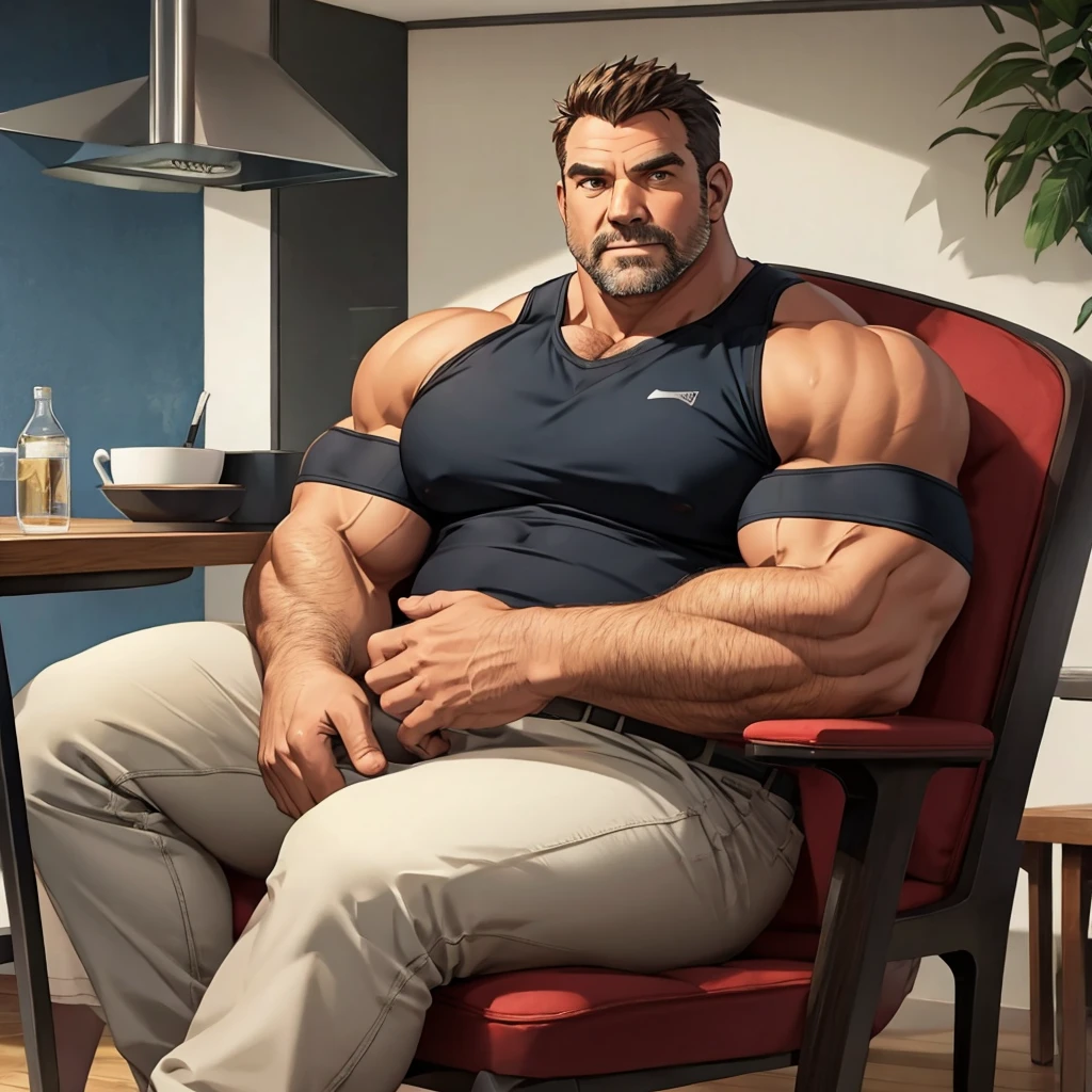 modern　Middle-aged men　Large　Muscular　Sitting in a chair