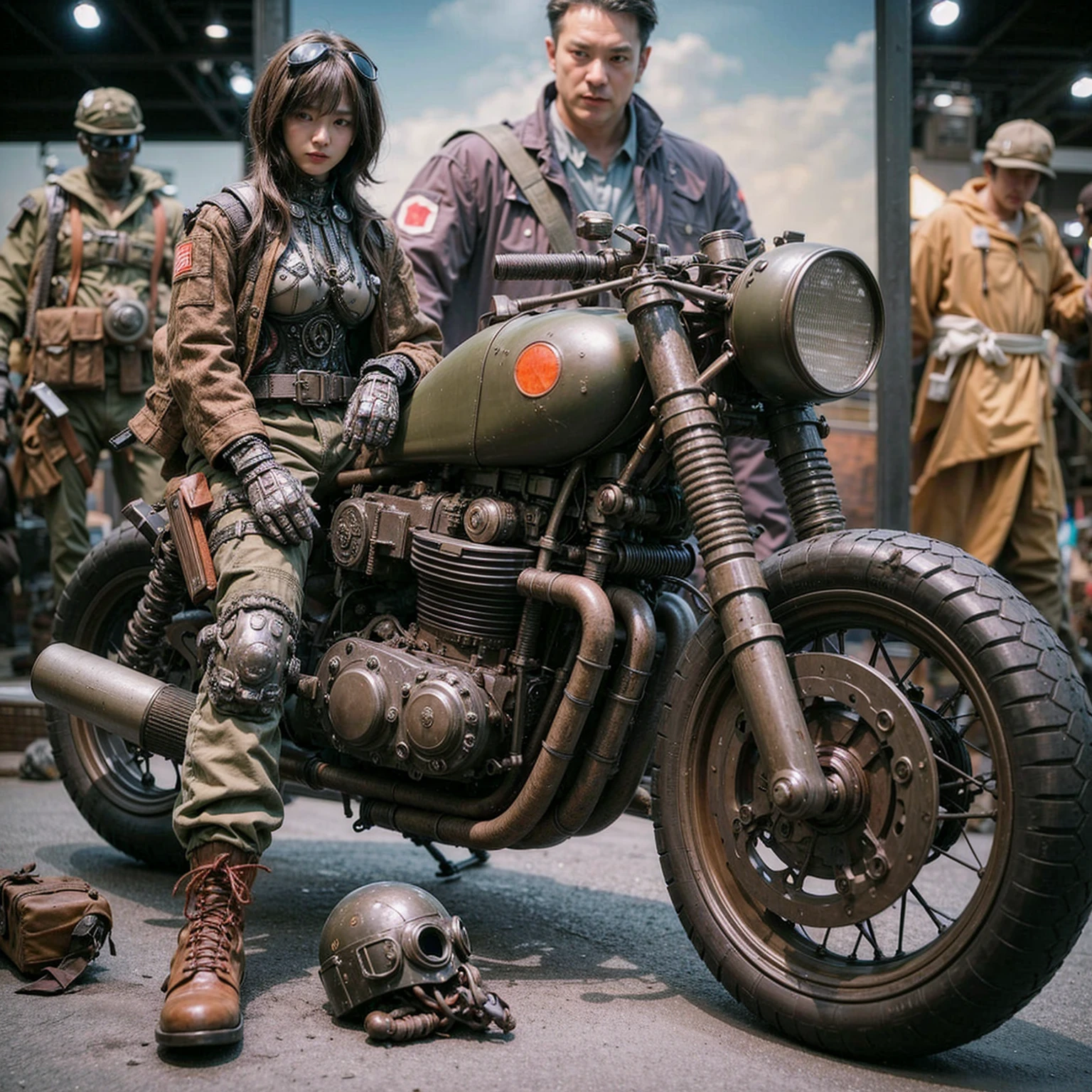 Dystopian night scene, very intricate details, Japanese woman wearing model-like armor, beautiful face, legs, cylinders that look like muscles, pose in motion, 8k, ultra high resolution, super realism, realistic photo, taken with Fuji film X-T30.+Nokton. HDR10