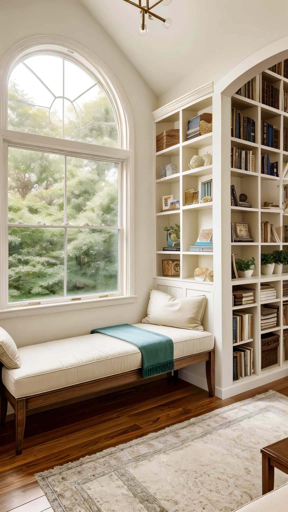 Imagine a serene reading nook nestled in a cozy corner of a bright, airy room. The space is bathed in natural light streaming through a large, arched window that offers a picturesque view of the lush greenery outside. The walls and built-in shelves are painted a soft white, creating a clean and calming atmosphere. A comfortable, cushioned bench seat, adorned with an assortment of patterned throw pillows, invites you to relax and lose yourself in a good book. The shelves are thoughtfully arranged with a mix of decorative plates and books, adding a touch of charm and character to the space. A small wall-mounted lamp provides additional light for those late-night reading sessions. This inviting alcove is the perfect blend of comfort and elegance, making it an ideal spot to unwind and escape into your favorite stories.