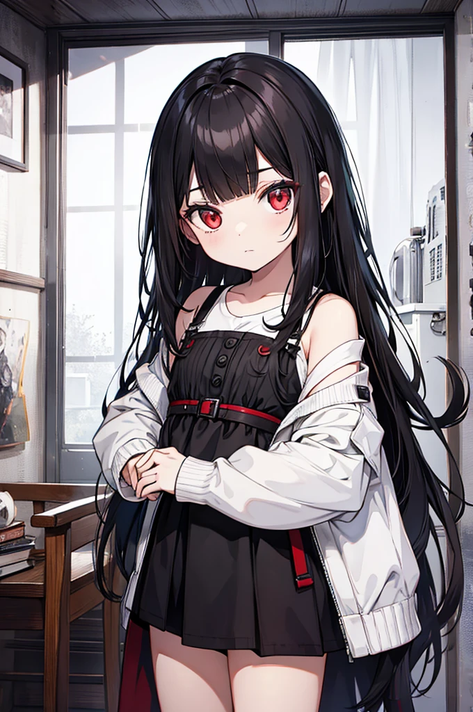 A kid, long straight black hair, long bangs, crimson red eyes, small, cute, short, background in a room
