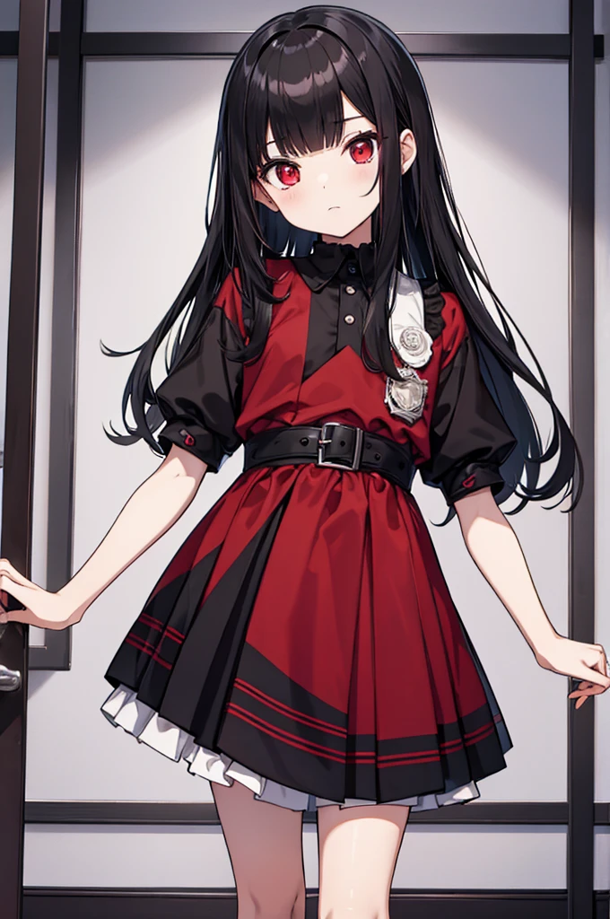 A , long straight black hair, long bangs, crimson red eyes, small, cute, short, background in a room