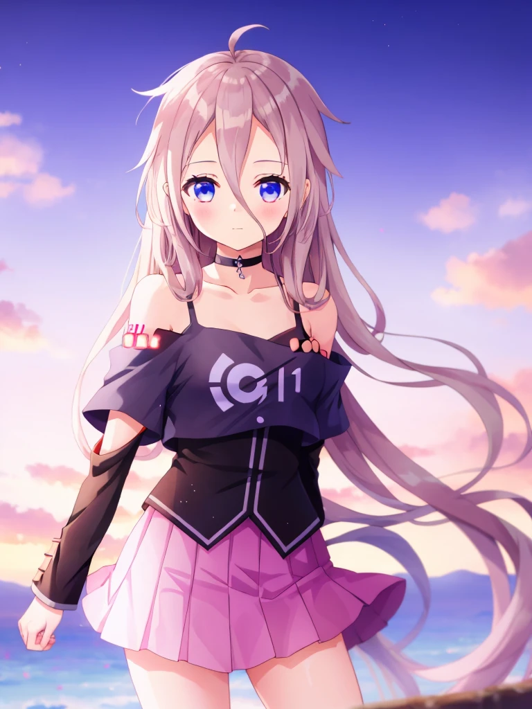 one girl, IA, vocaloid, skirt, black shirt, off shoulder, choker, beautiful, naive, upperbody, cute