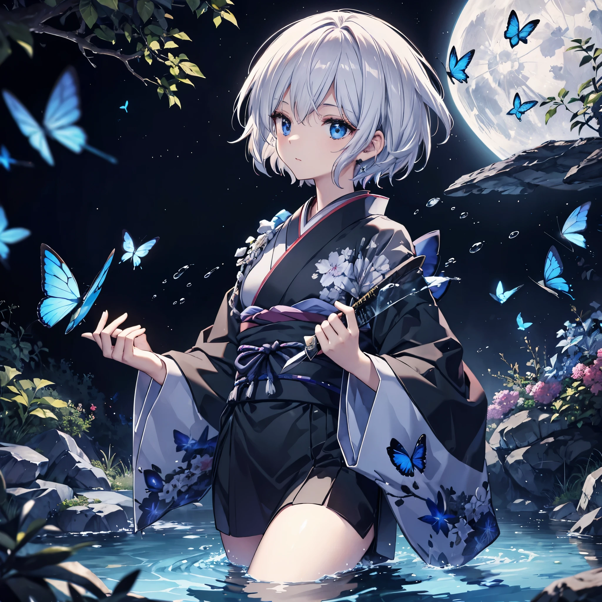 (((1 person))) ((High resolution Gray Hair short hair Black kimono Shoulder)) ((Black Band military commander Lonely despair blue eyes)) ((Blue Butterfly night Japanese style old Shining Aura garden water surface)) (dance 日本knife knife Slashing) moon star Draw your sword Slashing Catch the wind