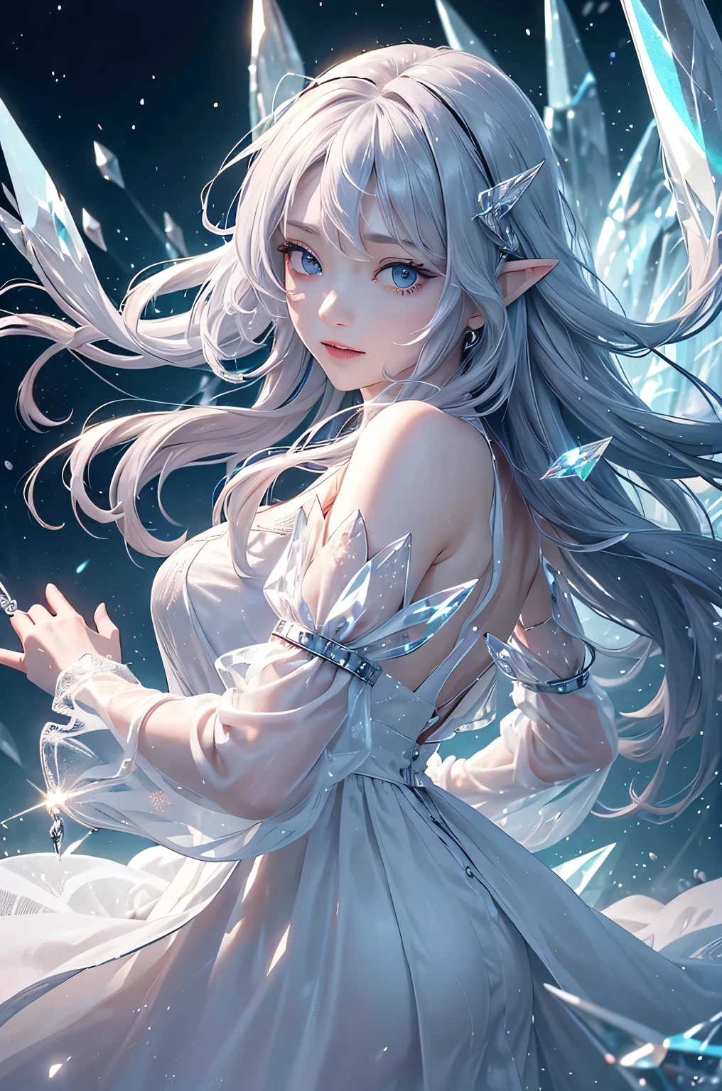(masterpiece、Highest quality、Highest、Official Art、Beautiful and aesthetic、Long Exposure:1.2)、Smooth movement、Attractive patterns、One Girl、(Long dress with sleeves:1.3)、(((White clothes)))、Upper body close-up、Exposing shoulders、Korean Girls、smile、Light purple long hair、Portraiture、solo、Upper body、Looking at the observer、Detailed Background、Detailed face、(Crystallized AI、Crystal Theme:1.1)、Elemental Wind Elf、Rotating Wind、 Wind、White crystal clothes、Dynamic pose、Suspended particles、Aether Dynamics、Wind、vapor、背景にWind、White Tone、Wind、Ethereal atmosphere、