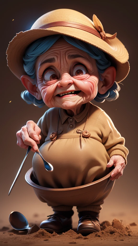 a very old woman, wrinkled face, digging soil with a tiny spoon, amusing expression, comical, humorous, meme, surreal, whimsical, (best quality, 8k, highres, masterpiece:1.2), ultra-detailed, photorealistic, cinematic lighting, dramatic shadows, vibrant colors