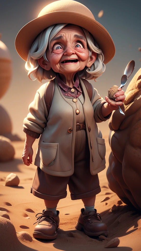 a very old woman, wrinkled face, digging soil with a tiny spoon, amusing expression, comical, humorous, meme, surreal, whimsical, (best quality, 8k, highres, masterpiece:1.2), ultra-detailed, photorealistic, cinematic lighting, dramatic shadows, vibrant colors