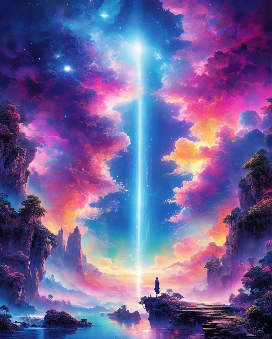 high quality, 8K Ultra HD, (((naturally interacting with the environment:1.5))),(((seamless:1.5))),((strong environmental light)),((hard shadows)),(merge realms of the extreme surreal and the toxic punk in a tapestry of dualities),enigmatic nature with ethereal silhouettes,digital dreamscape.Illuminate the scene with the pulse of a celestial bloom,(casting hues that bridge both cosmic and cybernetic realms).(Blend brushstrokes harmoniously),fusing elements of traditional artistry with glitched fragments of a pixelated mosaic. Embrace asymmetry,(where the organic and the synthetic collide in a dynamic composition). (Infuse a shifting timeless vibrant palette:1.2). Integrate augmented reality surprises. Fusion of art styles,transcend boundaries and conjure a visual symphony that harmonizes the present elements.... (best quality,4k,8k,highres,masterpiece:1.2),ultra-detailed,(realistic,photorealistic,photo-realistic:1.37),alternative reality,telepathic,psychic powers,mind reading,third eye,mind bending,intense gazing,parallel universe,Yoshitaka Amano style,dreamlike,fantasy,vivid colors,soft lighting