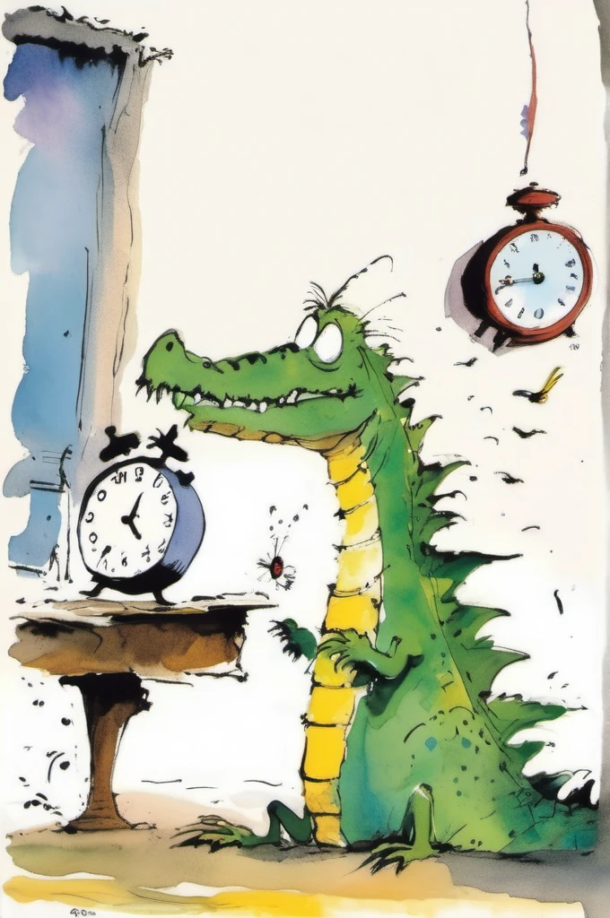 Quentin Blake Style - Quentin Blake illustrations style, A crocodile swallows an alarm clock and everyone asks the time, Quentin Blake illustrations, Quentin Blake illustrationsレーションスタイル