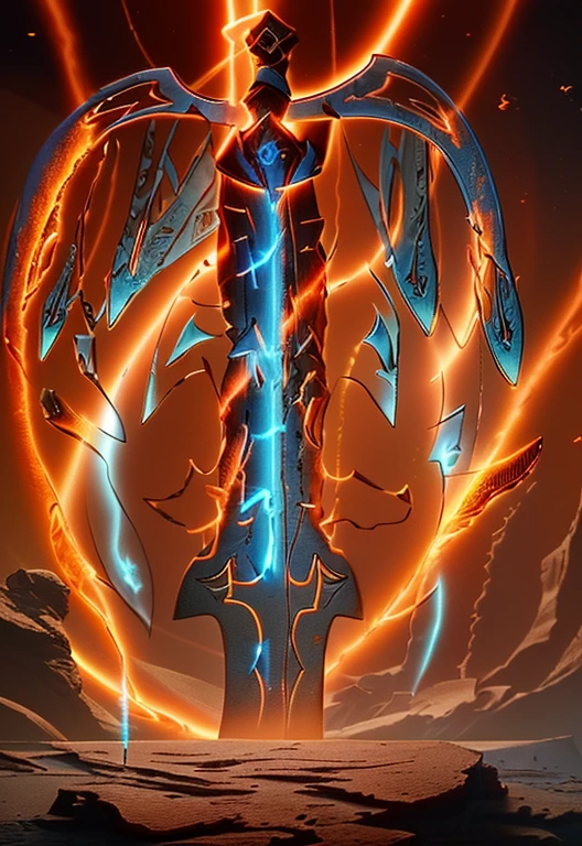 A holy long sword, blue orange and red, holy luminesvebt glyphs, in bottom of ocean, fire aura, beautiful decourations, insane details, 8k, uhd, photorealistic,Raw photo,high quality,16k resolution,vivid colors, with luminescent effects