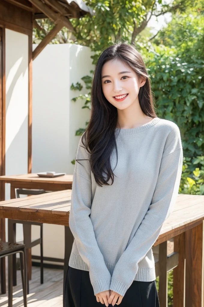 a beautiful 22-year-old girl, detailed gray eyes, pale white skin, slim figure, smiling, long black hair, fashionable outfit, ultra-realistic professional photography, relaxed cabin exterior, natural lighting, serene atmosphere, lush greenery, wood furniture, cozy interior, warm tones, photorealistic, highly detailed, 8k, cinematic, masterpiece