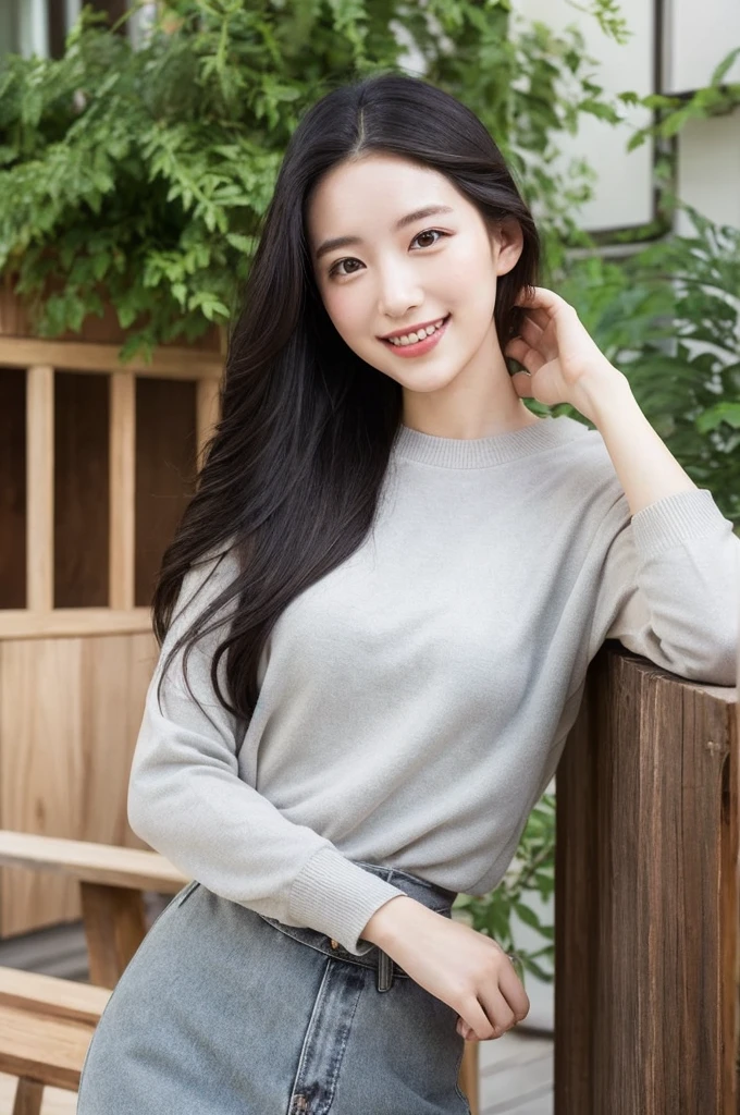 a beautiful 22-year-old girl, detailed gray eyes, pale white skin, slim figure, smiling, long black hair, fashionable outfit, ultra-realistic professional photography, relaxed cabin exterior, natural lighting, serene atmosphere, lush greenery, wood furniture, cozy interior, warm tones, photorealistic, highly detailed, 8k, cinematic, masterpiece