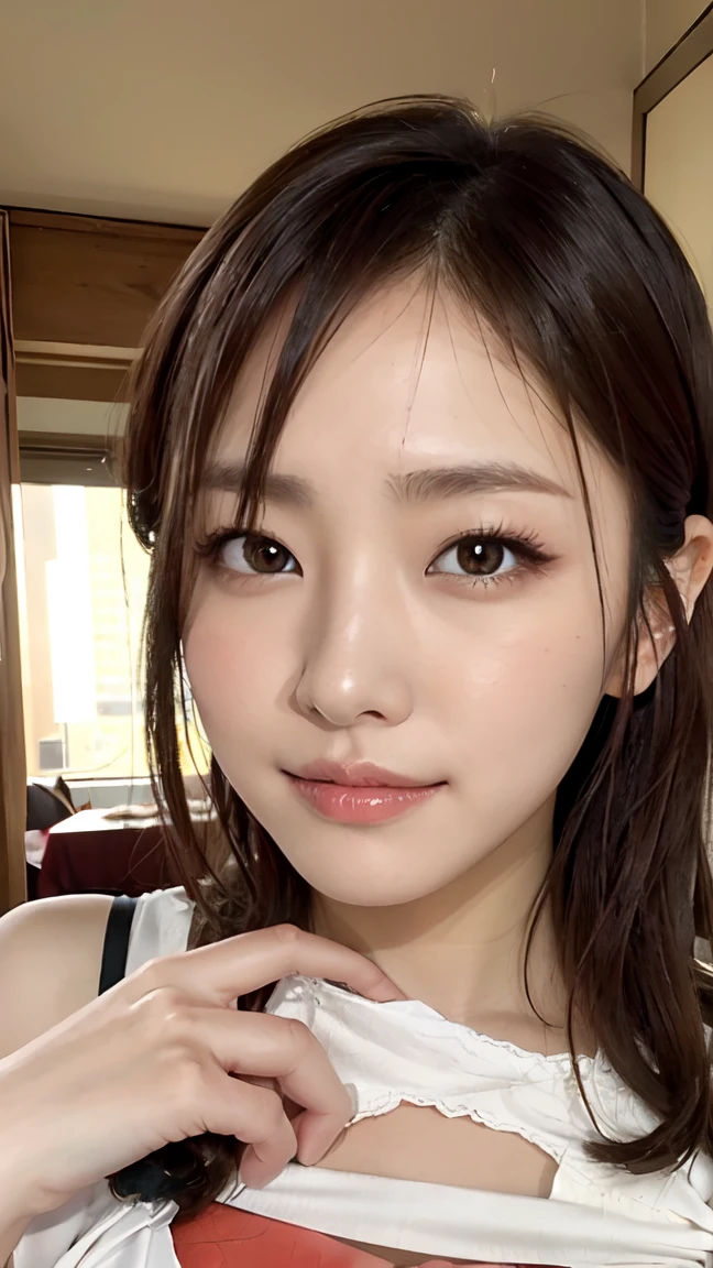 1womanl, up of face, mideum breasts, light brown hair, Blunt bangs, hair behind ear, hair over shoulder, Long hair, slender body shape, Ultra Fine Face, Thin face, Delicate lips, Beautiful eyes, thin blush, eyes are light brown, perfect glossy skin, flawless skin, Glistening sweat,View here, Ultra-thin hands, Ultra-fine fingers, best ratio four finger and one thumb, (realisitic:1.3), Finger Extensions, See-through white blouse. Love hotel room, One-person viewpoint, Fuji Film, F/1.2, 8K, masutepiece, nffsw, Super Detail, High quality, Best Quality, hight resolution,Breast Exposure、Nipple exposure、Small breasts、(Smaller breasts)、COWBOY　shot、Tuck your arms up