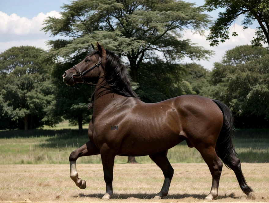 side view of a Big Brabant stallion, in a grass field. being ridden by a large very full figured dark skinned nude African woman