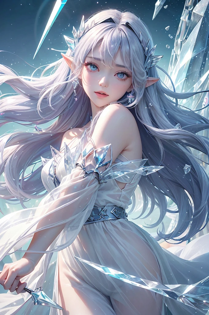 (masterpiece、Highest品質、Highest、Official Art、Beautiful and aesthetic、Long Exposure:1.2)、Smooth movement、Attractive patterns、One Girl、(Long dress with sleeves:1.3)、(((White clothes)))、Upper body close-up、Exposing shoulders、Korean Girls、smile、Light purple long hair、Portraiture、solo、Upper body、Looking at the observer、Detailed Background、Detailed face、(Crystallized AI、Crystal Theme:1.1)、Elemental Wind Elf、回転Wind、 Wind、White crystal clothes、Off the shoulder、Dynamic pose、Suspended particles、Aether Dynamics、旋Wind、vapor、背景に旋Wind、White Tone、旋Wind、Ethereal atmosphere、